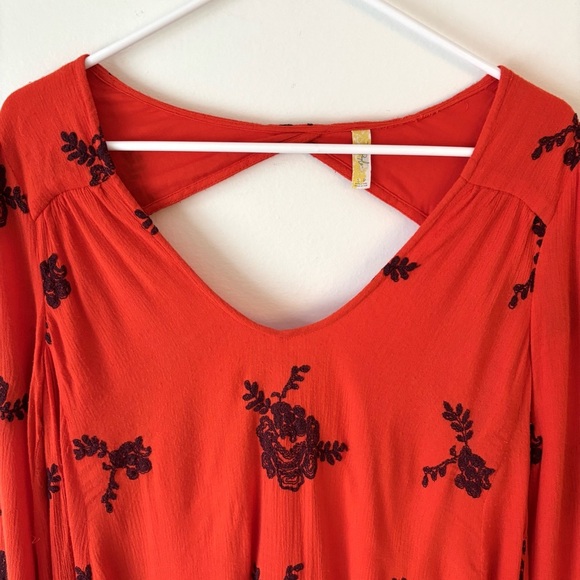 Free People Austin Emma Mini Dress Orange Floral Embroidered Long Sleeve Boho - Picture 3 of 13